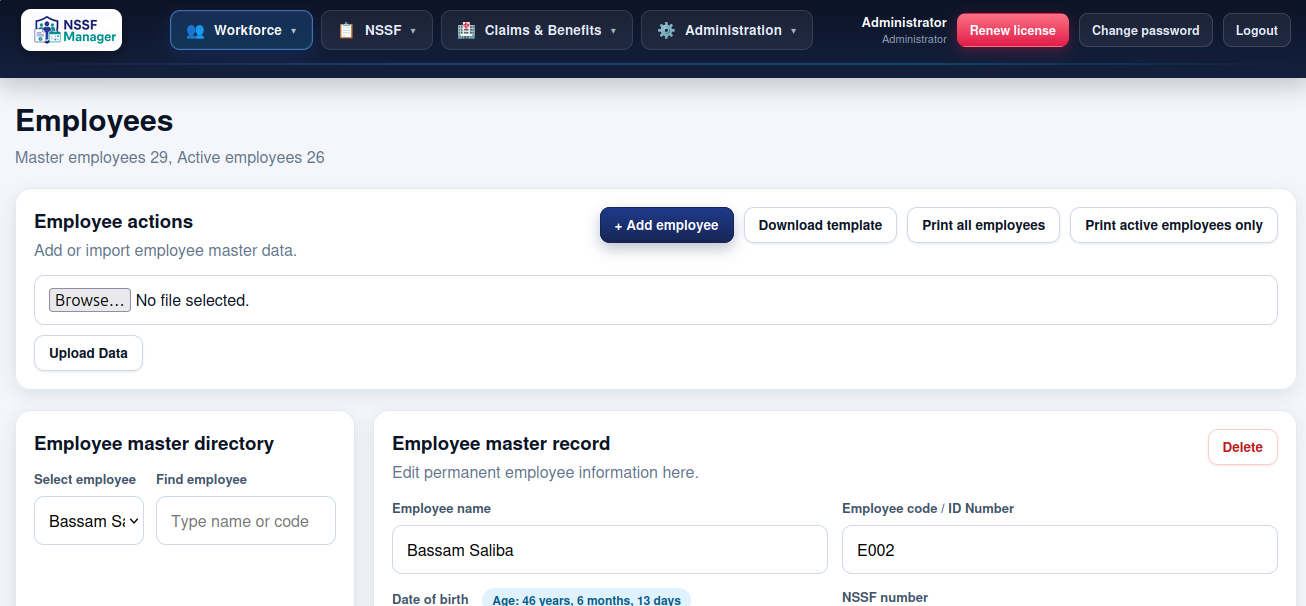 NSSF Manager dashboard